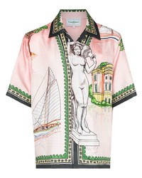 Мужская розовая шелковая рубашка с коротким рукавом с принтом от Casablanca