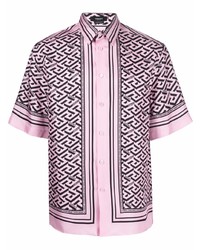 Мужская розовая шелковая рубашка с коротким рукавом с принтом от Versace