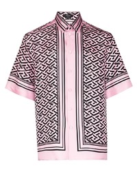 Мужская розовая шелковая рубашка с коротким рукавом с принтом от Versace