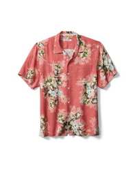 Розовая шелковая рубашка с коротким рукавом с цветочным принтом