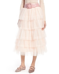 Розовая юбка-миди из фатина с рюшами