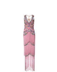 Розовое вечернее платье из бисера c бахромой