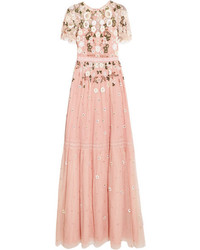 Розовое вечернее платье из фатина с украшением