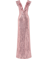 Розовое вечернее платье с пайетками с рюшами от Monique Lhuillier