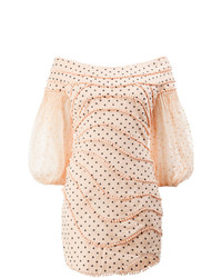Розовое льняное платье с открытыми плечами в горошек от Zimmermann