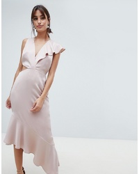 Розовое сатиновое платье-миди с рюшами от ASOS DESIGN