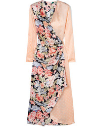 Розовое сатиновое платье с запахом с цветочным принтом от RIXO