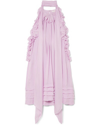 Розовое шелковое платье прямого кроя с рюшами