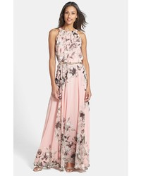 Розовое шифоновое вечернее платье с цветочным принтом