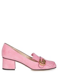 Розовые замшевые лоферы c бахромой