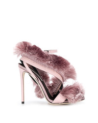 Розовые кожаные босоножки на каблуке c бахромой от Marco De Vincenzo
