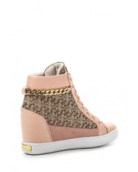 Розовые кожаные кроссовки на танкетке от GUESS