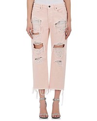 Розовые рваные джинсы-бойфренды