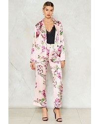 Розовые сатиновые классические брюки с цветочным принтом
