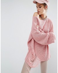 Розовый вязаный свободный свитер