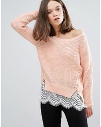 Розовый кружевной вязаный свитер
