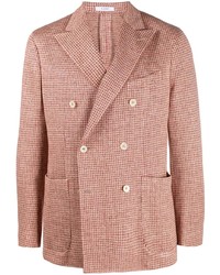 Розовый льняной двубортный пиджак с узором "гусиные лапки"