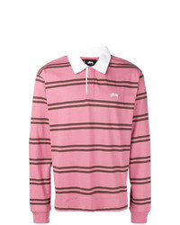 Розовый свитер с воротником поло в горизонтальную полоску