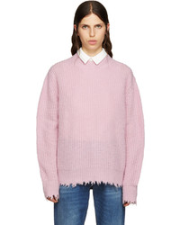 Розовый свитер с круглым вырезом c бахромой