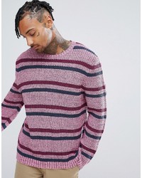 Розовый свитер с круглым вырезом в горизонтальную полоску