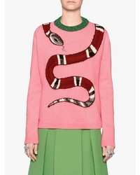 Женский розовый свитер с круглым вырезом с принтом от Gucci
