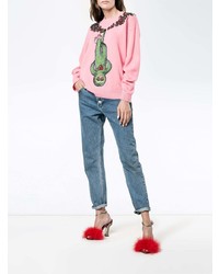 Женский розовый свитер с круглым вырезом с украшением от Gucci