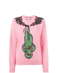Женский розовый свитер с круглым вырезом с украшением от Gucci