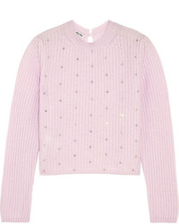 Женский розовый свитер с круглым вырезом с украшением от Miu Miu
