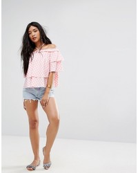 Розовый топ с открытыми плечами в мелкую клетку от Missguided