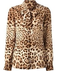 Светло-коричневая блуза на пуговицах с леопардовым принтом от Dolce & Gabbana