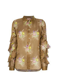Светло-коричневая блуза на пуговицах с цветочным принтом