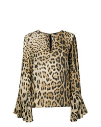 Светло-коричневая блузка с длинным рукавом с леопардовым принтом от Cavalli Class