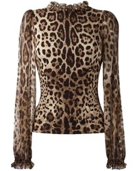 Светло-коричневая блузка с длинным рукавом с леопардовым принтом от Dolce & Gabbana