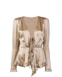 Светло-коричневая блузка с длинным рукавом с рюшами