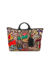 Светло-коричневая большая сумка из плотной ткани с леопардовым принтом от Dolce & Gabbana