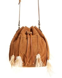 Светло-коричневая замшевая сумка-мешок c бахромой