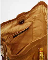 Светло-коричневая замшевая сумка-мешок с вышивкой от Park Lane