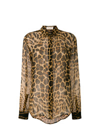 Женская светло-коричневая классическая рубашка с леопардовым принтом от Saint Laurent