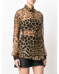 Женская светло-коричневая классическая рубашка с леопардовым принтом от Saint Laurent