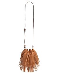 Светло-коричневая кожаная сумка-мешок c бахромой