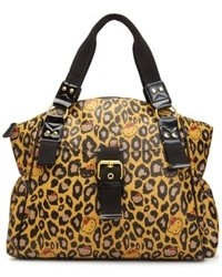 Светло-коричневая кожаная сумка-саквояж с леопардовым принтом
