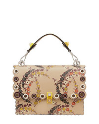 Светло-коричневая кожаная сумка через плечо с цветочным принтом от Fendi