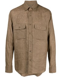 Мужская светло-коричневая льняная рубашка с длинным рукавом от Brioni