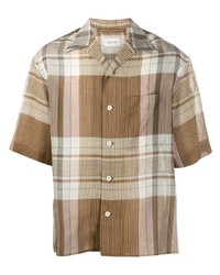 Светло-коричневая льняная рубашка с коротким рукавом в шотландскую клетку