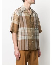 Мужская светло-коричневая льняная рубашка с коротким рукавом в шотландскую клетку от Lemaire