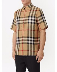 Мужская светло-коричневая льняная рубашка с коротким рукавом в шотландскую клетку от Burberry