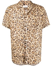 Светло-коричневая льняная рубашка с коротким рукавом с леопардовым принтом