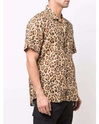 Мужская светло-коричневая льняная рубашка с коротким рукавом с леопардовым принтом от Tintoria Mattei