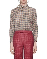 Мужская светло-коричневая рубашка с длинным рукавом в шотландскую клетку от Gucci