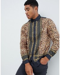 Мужская светло-коричневая рубашка с длинным рукавом с леопардовым принтом от ASOS DESIGN
